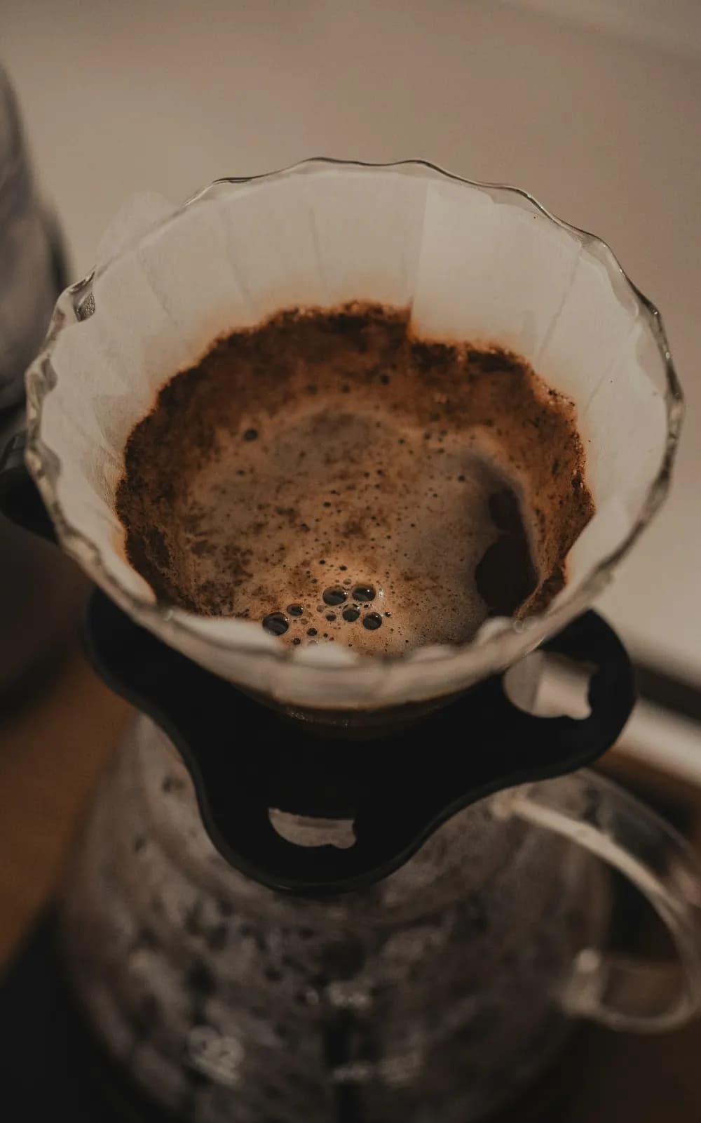 A pour-over blooming in a paper filter above a glass server
