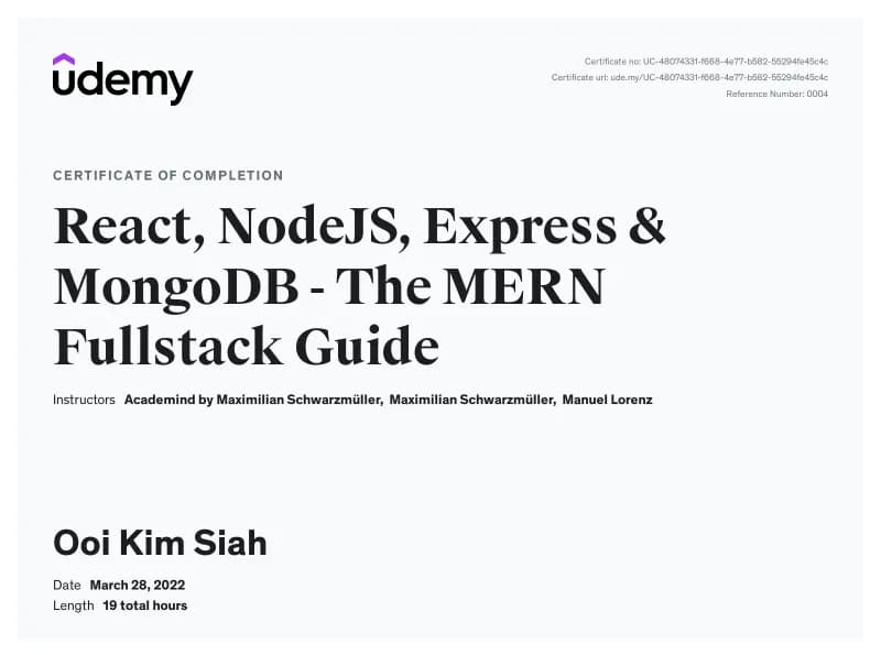 Udemy certificate of completion: React, NodeJS, Express & MongoDB - The MERN Fullstack Guide
