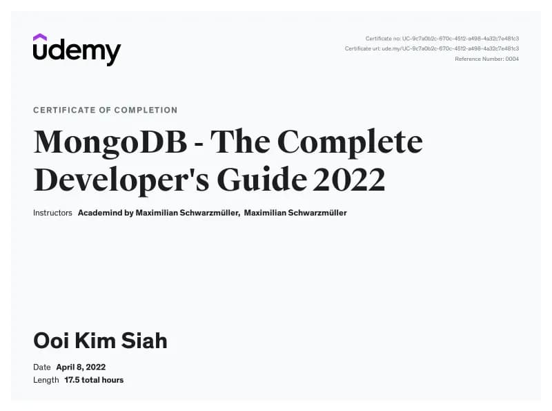 Udemy certificate of completion: MongoDB - The Complete Developer's Guide 2022