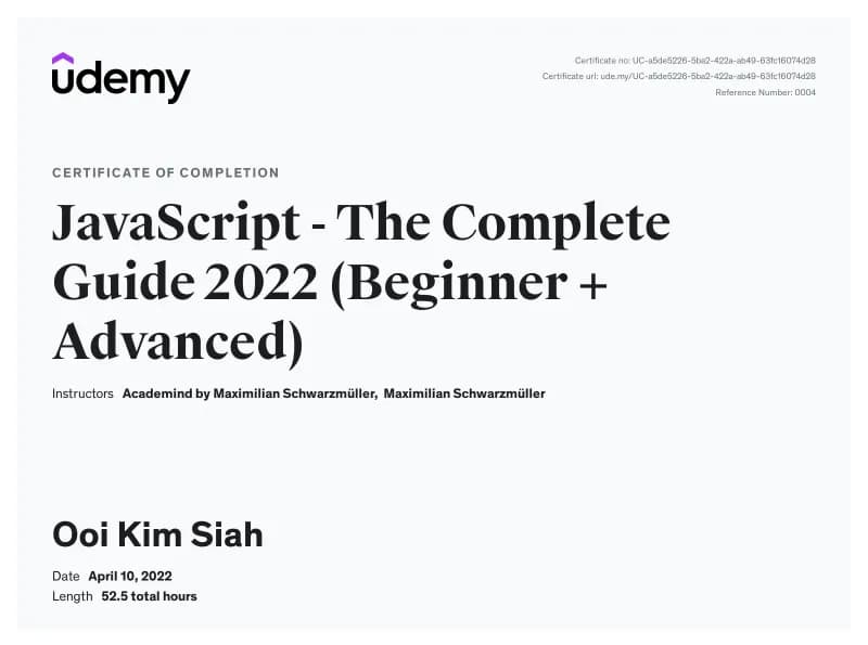 Udemy certificate of completion: JavaScript - The Complete Guide 2022 (Beginner + Advanced)