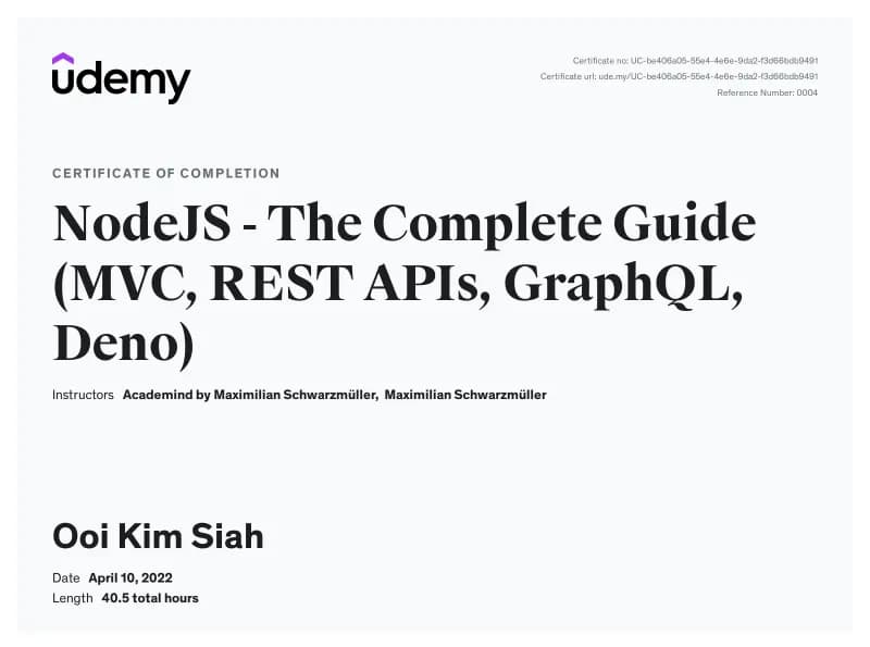 Udemy certificate of completion: NodeJS - The Complete Guide (MVC, REST APIs, GraphQL, Deno)