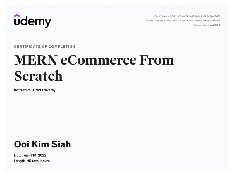 Udemy certificate of completion: MERN eCommerce From Scratch